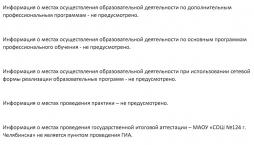 Информация о местах осуществления образовательной деятельности по дополнительным профессиональным программам - не предусмотрено.

Информация о местах осуществления образовательной деятельности по основным программам профессионального обучения - не предусмотрено.

Информация о местах осуществления образовательной деятельности при использовании сетевой формы реализации образовательных программ - не предусмотрено.

Информация о местах проведения практики – не предусмотрено.

Информация о местах проведения государственной итоговой аттестации – МАОУ «СОШ №124 г. Челябинска» не является пунктом проведения ГИА.